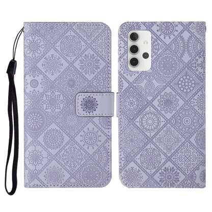 Lavender embossed leather flip phone wallet case with card slots and lanyard strap