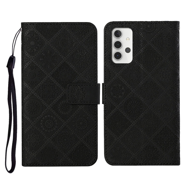 Black embossed leather flip phone wallet case with card slots and lanyard strap