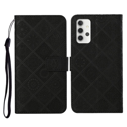 Black embossed leather flip phone wallet case with card slots and lanyard strap