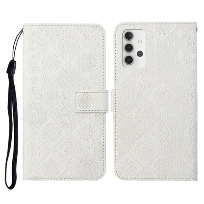 White embossed leather flip phone wallet case with card slots and lanyard strap