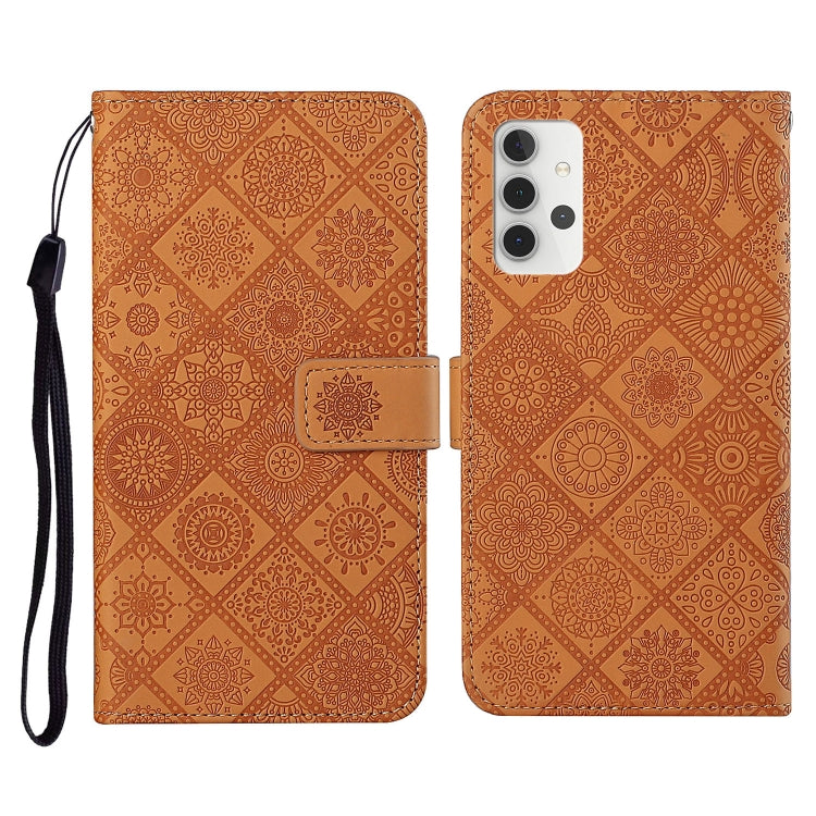 Embossed leather flip phone wallet case with card slots and lanyard, orange patterned
