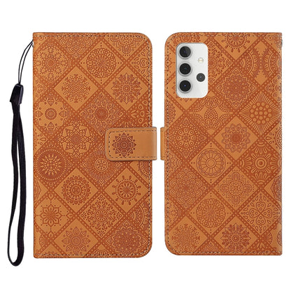 Embossed leather flip phone wallet case with card slots and lanyard, orange patterned