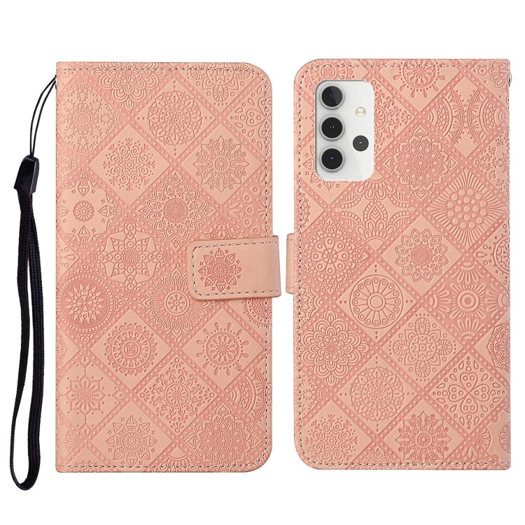Embossed leather flip phone wallet case with card slots and lanyard, pink patterned
