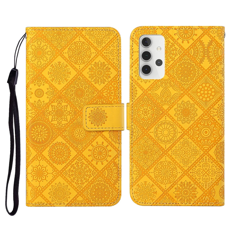 Golden yellow embossed leather flip phone wallet case with card slots and lanyard strap