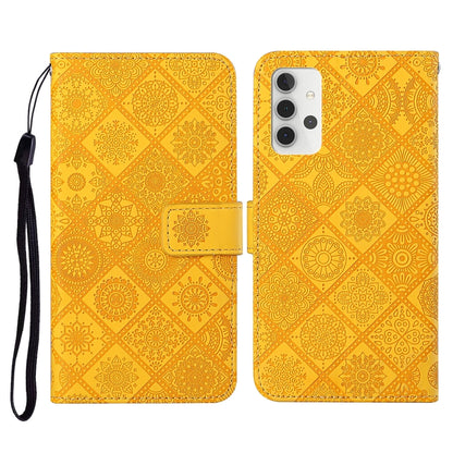 Golden yellow embossed leather flip phone wallet case with card slots and lanyard strap