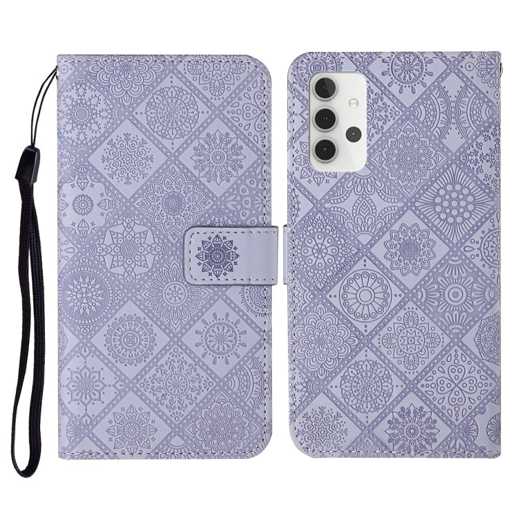 Embossed leather flip phone wallet case with card slots and lanyard, purple patterned