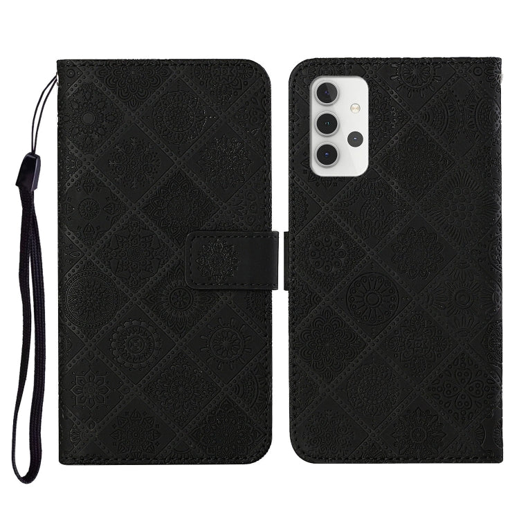 Embossed leather flip phone wallet case with card slots and lanyard, black patterned