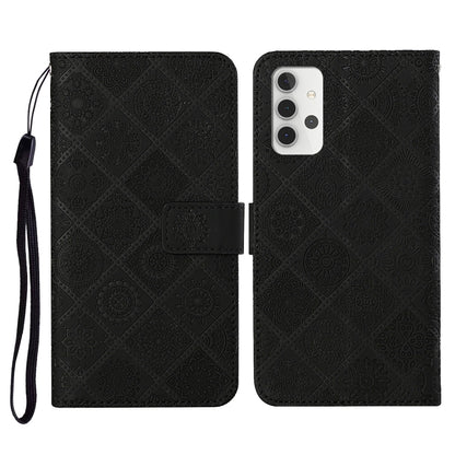 Embossed leather flip phone wallet case with card slots and lanyard, black patterned