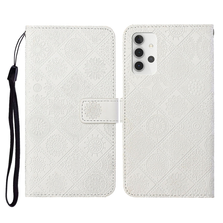 Embossed leather flip phone wallet case with card slots and lanyard, white patterned