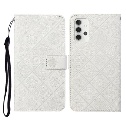 Embossed leather flip phone wallet case with card slots and lanyard, white patterned