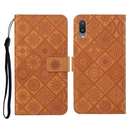 Brown embossed flip leather phone case with card slots, wallet, and lanyard strap