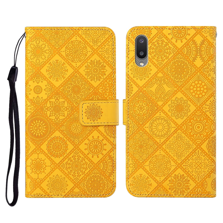 Yellow embossed flip leather phone case with card slots, wallet, and lanyard strap