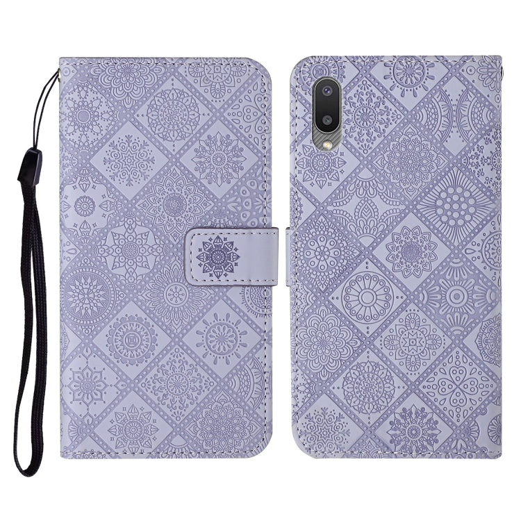 Lavender embossed flip leather phone case with card slots, wallet, and lanyard strap