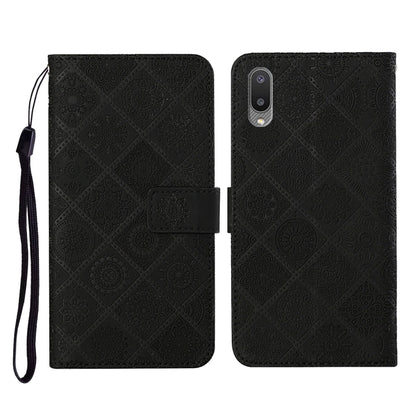 Black embossed flip leather phone case with card slots, wallet, and lanyard strap