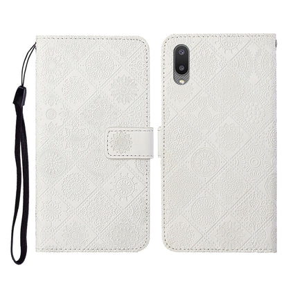 White embossed flip leather phone case with card slots, wallet, and lanyard strap