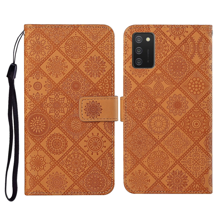 Brown embossed flip leather phone case with card slots, wallet, and wrist lanyard strap