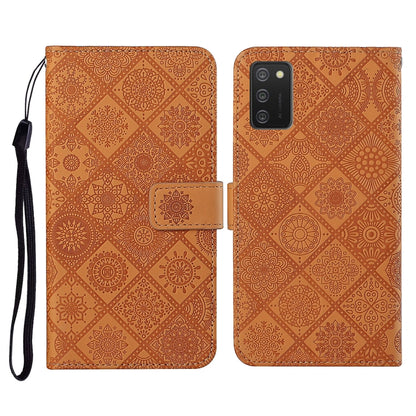 Brown embossed flip leather phone case with card slots, wallet, and wrist lanyard strap