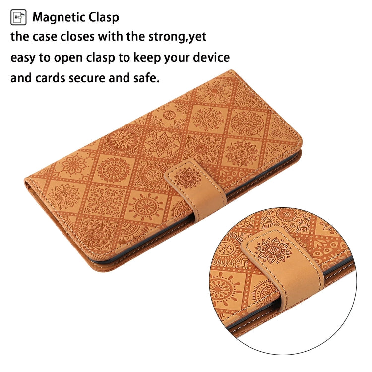 Brown embossed flip leather phone case with magnetic clasp and wrist strap