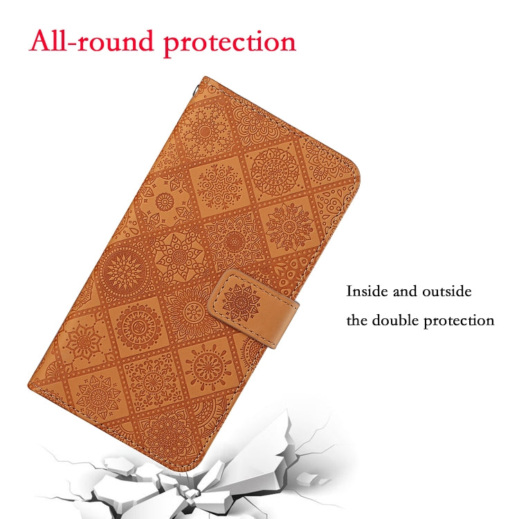 Brown embossed leather flip wallet case with double-layer protection and clasp strap