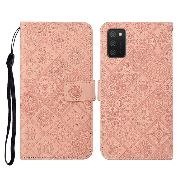 Pink embossed flip leather phone case with card slots, wallet, and wrist lanyard strap