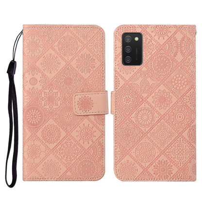 Pink embossed flip leather phone case with card slots, wallet, and wrist lanyard strap