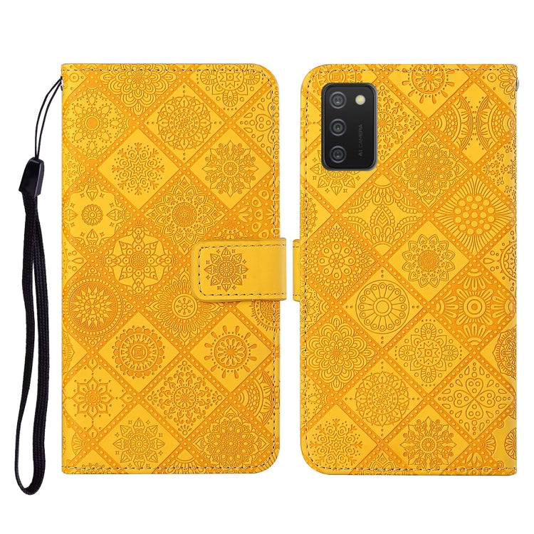 Yellow embossed flip leather phone case with card slots, wallet, and wrist lanyard strap