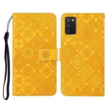 Yellow embossed flip leather phone case with card slots, wallet, and wrist lanyard strap