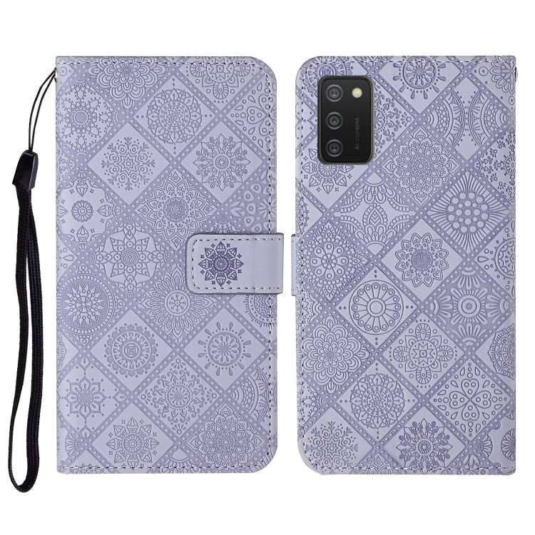 Purple embossed flip leather phone case with card slots and wrist lanyard strap