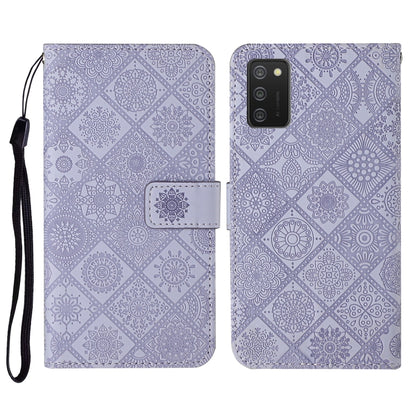 Purple embossed flip leather phone case with card slots and wrist lanyard strap