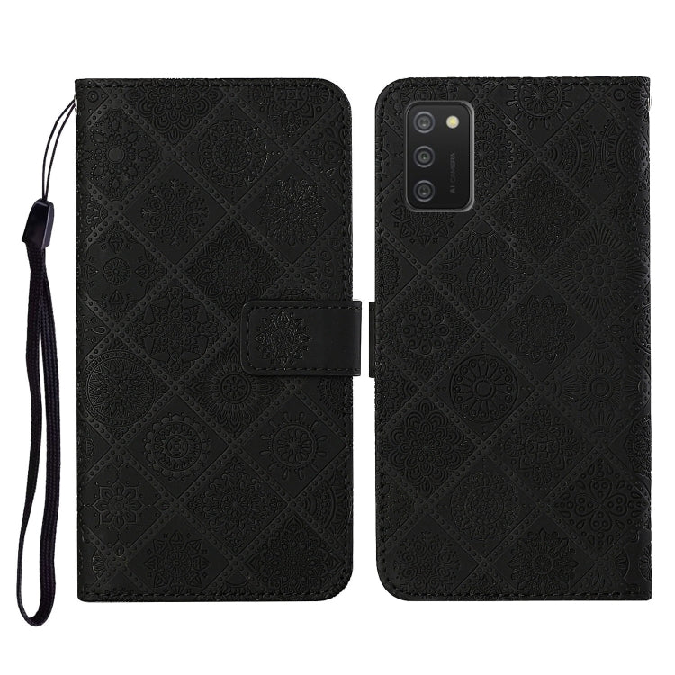 Embossed black flip phone leather case with card slot, lanyard strap, and camera cutout