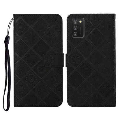 Embossed black flip phone leather case with card slot, lanyard strap, and camera cutout