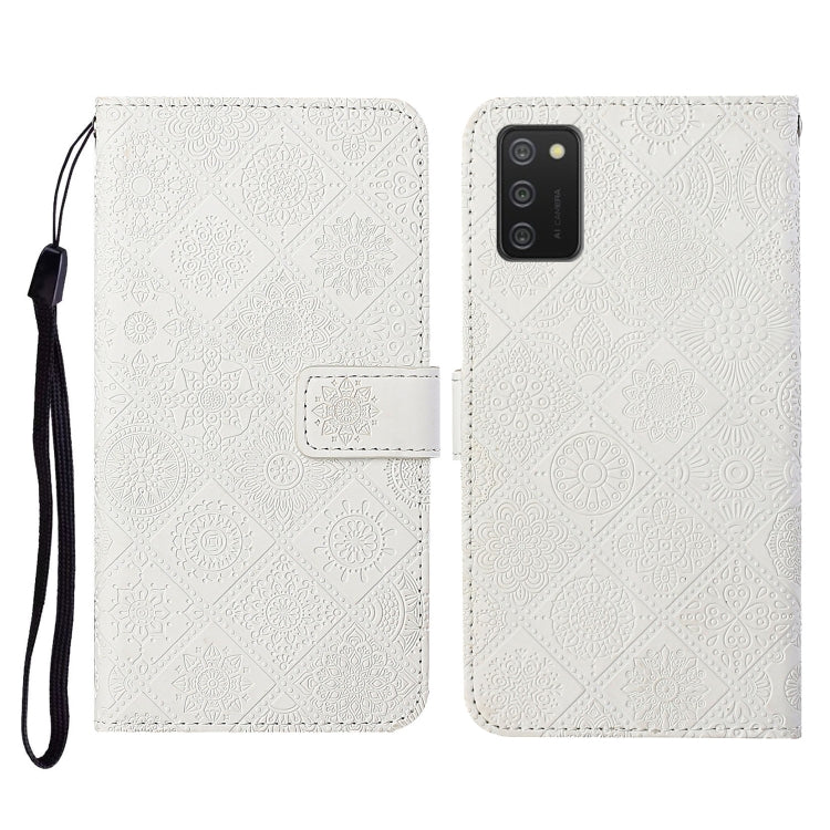 Embossed white flip phone leather case with card slot, lanyard strap, and camera cutout