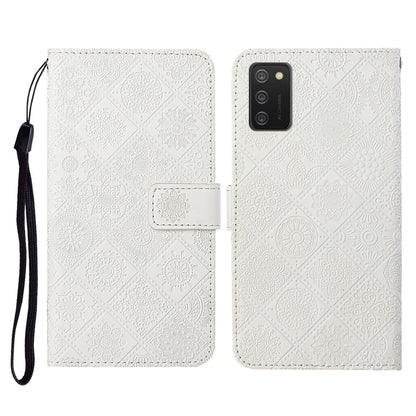 Embossed white flip phone leather case with card slot, lanyard strap, and camera cutout