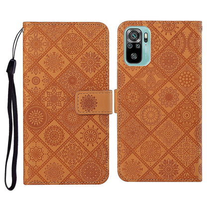 Embossed leather flip phone wallet case with card slots and lanyard, tan orange patterned