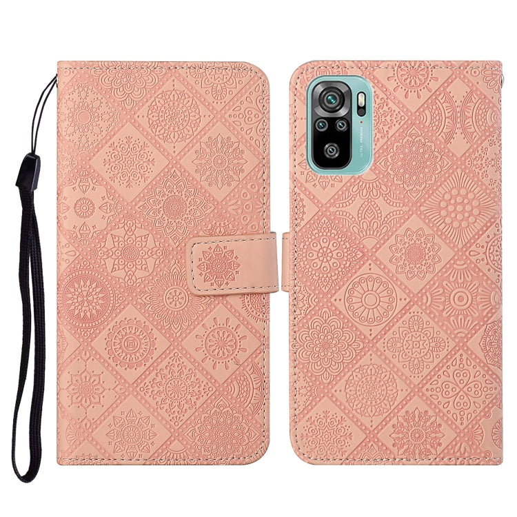 Embossed leather flip phone wallet case with card slots and lanyard, light pink patterned