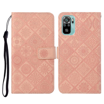 Embossed leather flip phone wallet case with card slots and lanyard, light pink patterned