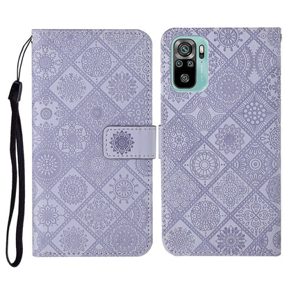 Embossed leather flip phone wallet case with card slots and lanyard, lavender patterned