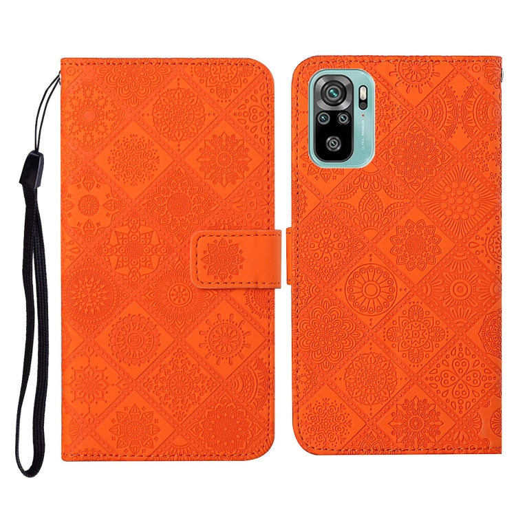 Embossed leather flip phone wallet case with card slots and lanyard, orange patterned