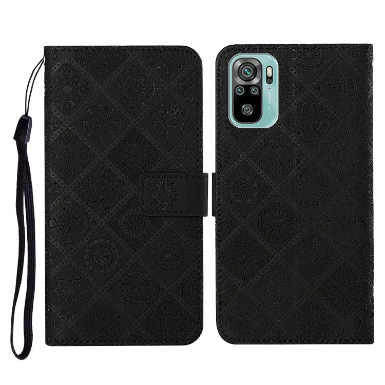 Black embossed flip leather phone wallet case with card slots and wrist lanyard.