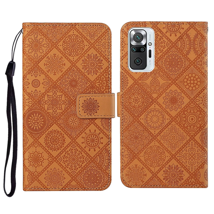 Brown embossed flip leather phone wallet case with card slots and wrist lanyard.