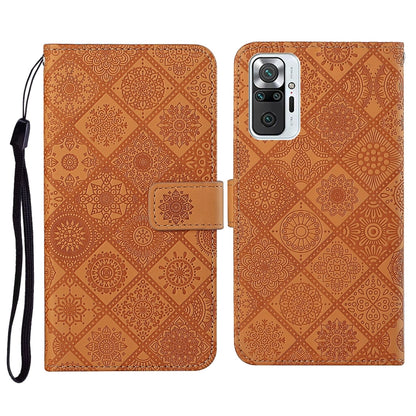 Brown embossed flip leather phone wallet case with card slots and wrist lanyard.