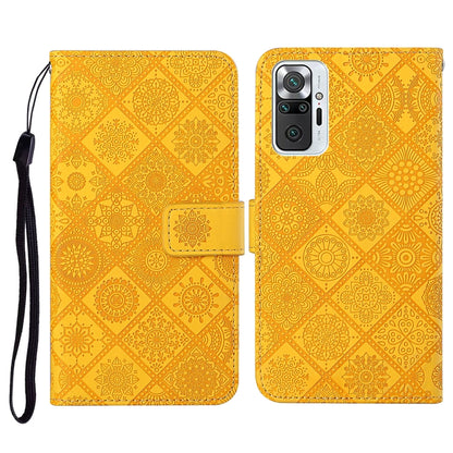 Yellow embossed flip leather phone wallet case with card slots and wrist lanyard.