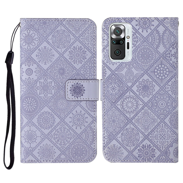 Purple embossed flip leather phone wallet case with card slots and wrist lanyard.