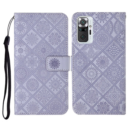 Purple embossed flip leather phone wallet case with card slots and wrist lanyard.