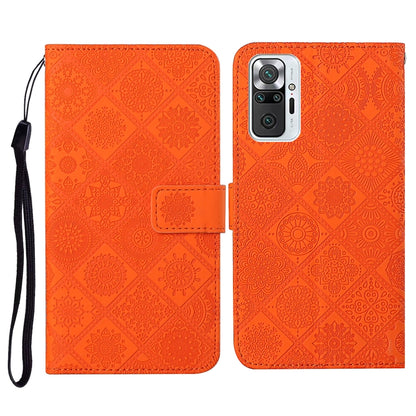 Orange embossed flip leather phone wallet case with card slots and wrist lanyard.