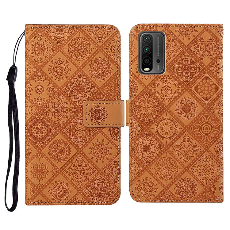 Brownish orange embossed flip leather phone wallet case with card slots and wrist lanyard.
