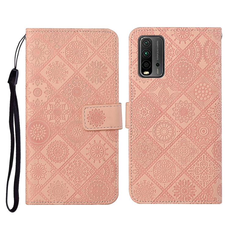 Pink embossed pattern flip leather phone wallet case with card slots and wrist lanyard