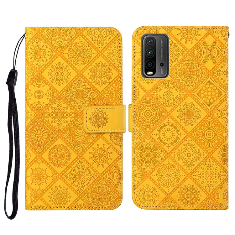 Yellow embossed pattern flip leather phone wallet case with card slots and wrist lanyard
