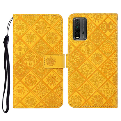 Yellow embossed pattern flip leather phone wallet case with card slots and wrist lanyard