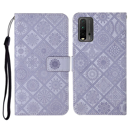 Lavender embossed pattern flip leather phone wallet case with card slots and wrist lanyard